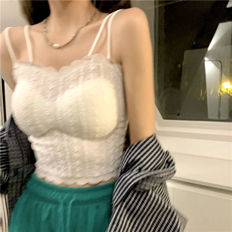 背心吊带带胸垫一体式短款裹胸美背内衣百搭白色无痕裸感御姐蕾丝