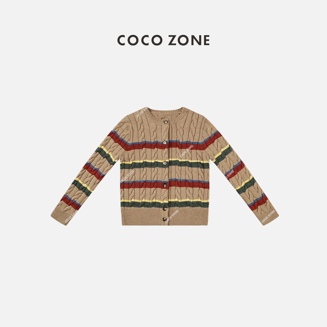 COCO ZONE 秋复古彩色条纹针织开衫长袖设计感毛衣23C19781