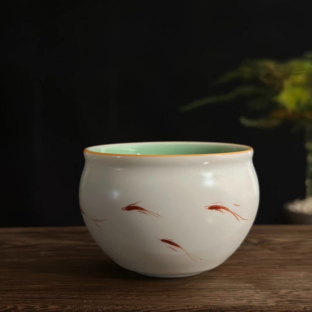 荣仲手绘杯月白汝窑女款主人杯品茗杯大号100CC琉璃泡茶杯陶瓷