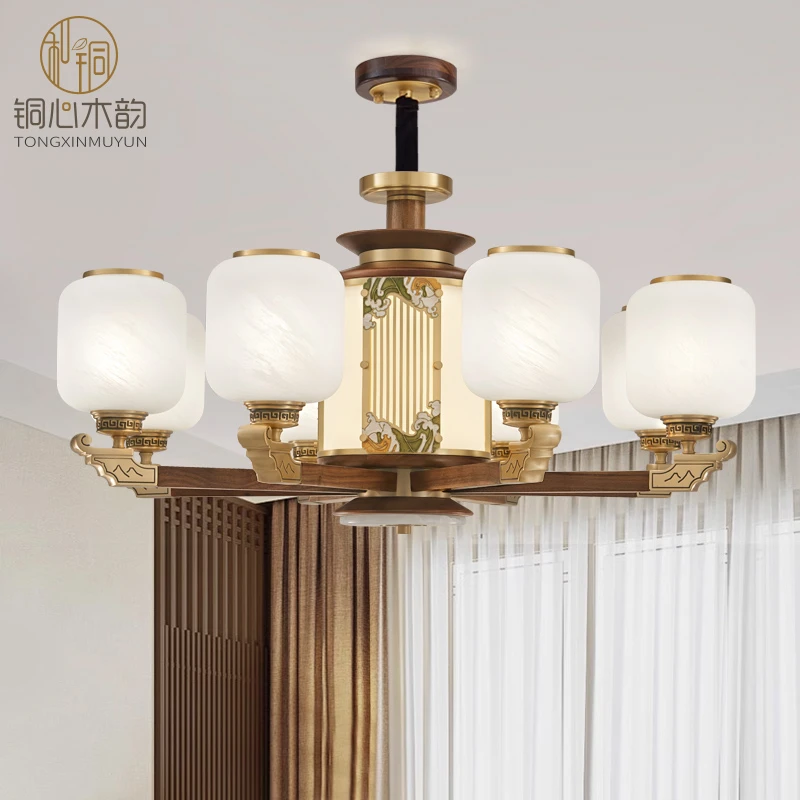 铜心木韵新中式吊灯现代胡桃木客厅玻璃灯中国风禅意茶餐厅灯具