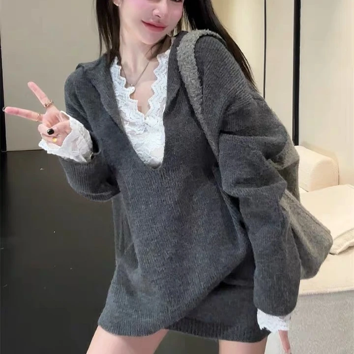 RENYI RILAR新品慵懒风宽松V领套头针织半裙两件套RRTZ010