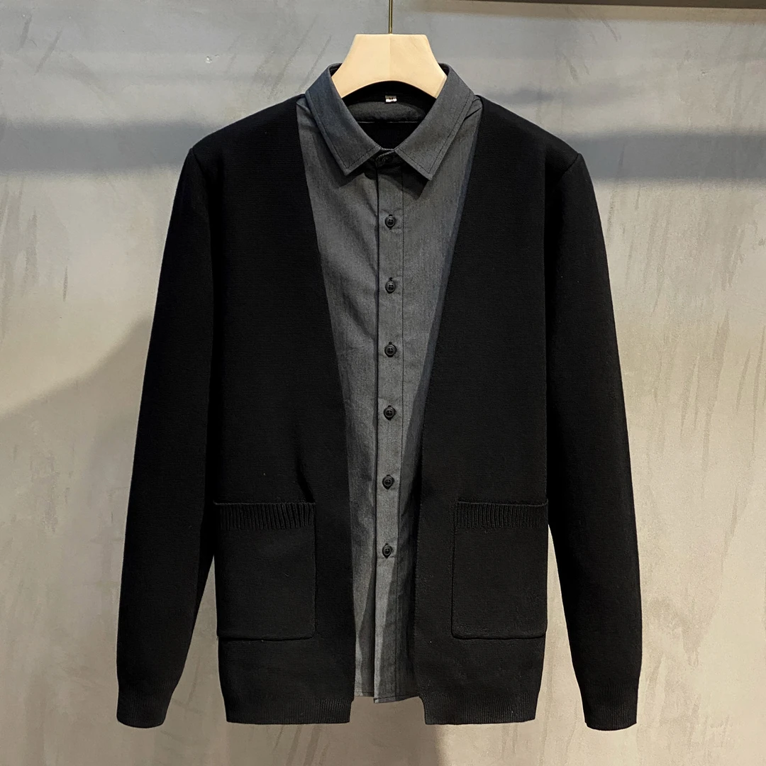 2023年春秋男士假两件 针织开衫时尚百搭衬衫领外套男黑色毛衣潮