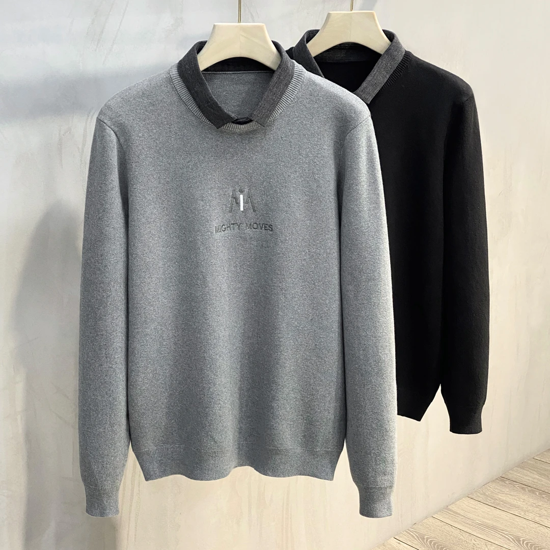 2022秋季新款假两件套毛衣男士长袖韩版潮修身刺绣衬衫领针打底衫