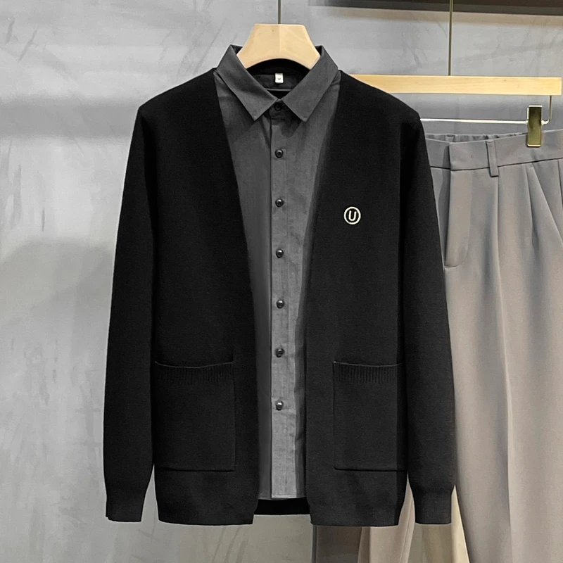 假两件毛衣男休闲毛衫外套春秋季新款男士长袖针织开衫潮流衬衫领