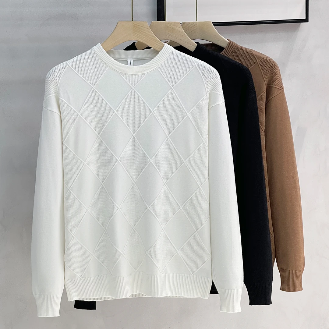 菱形提花圆领毛衣男士2023新款秋冬季宽松套头打底针织衫男装上衣