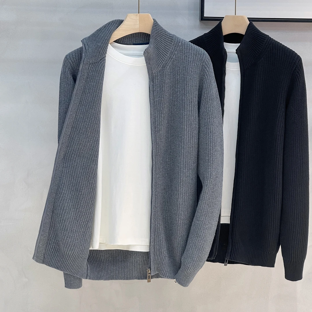 纯棉男士半高领开衫毛衣外套潮流修身韩版中领外穿秋冬毛线衫