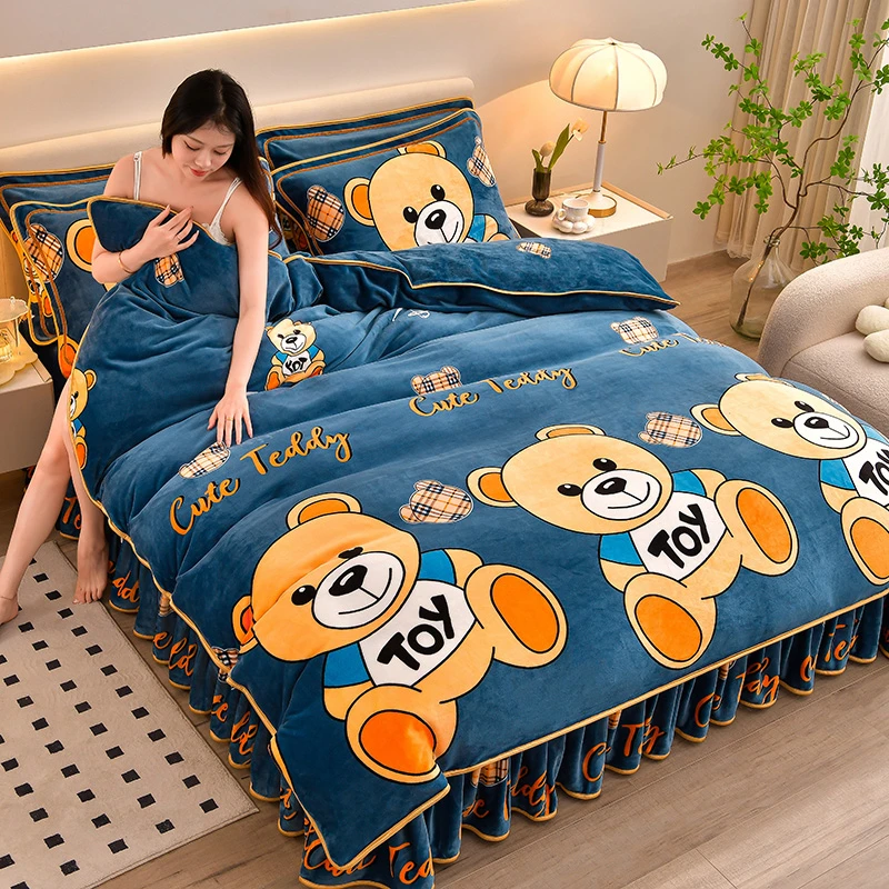 牛奶绒加厚床裙款四件套双面被套冬季珊瑚绒三件套熊维尼床上用品