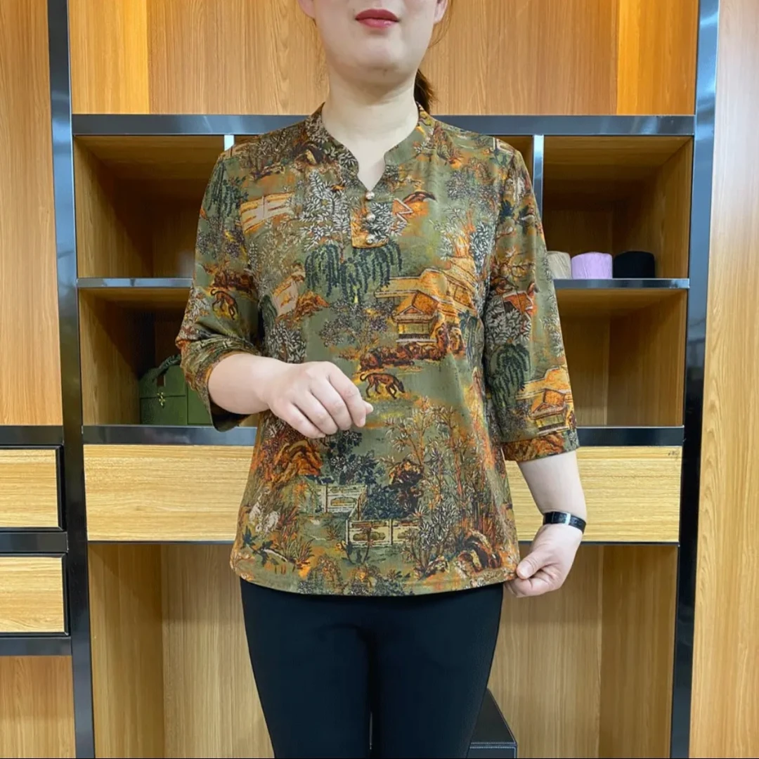 夏季新款显瘦妈妈装时尚洋气中袖宽松印花气质