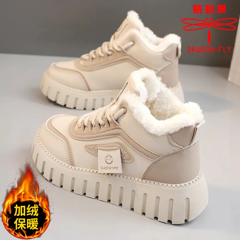 蜻蜓牌女鞋加绒高帮板鞋女款2024新款冬季保暖厚底网红休闲运动鞋