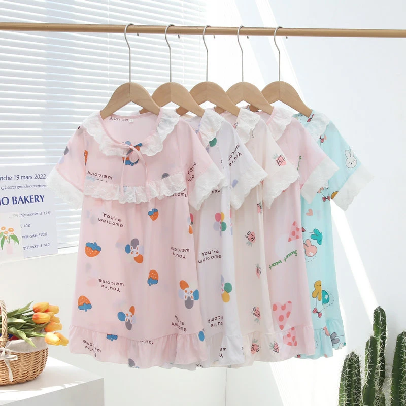 夏季女童棉绸短袖裙蕾丝裙儿童孩子人造棉绵绸亲子装家居睡裙薄款