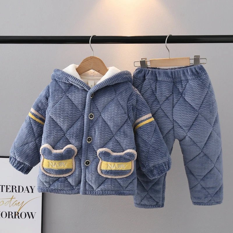 冬季男童睡衣珊瑚绒加厚夹棉儿童女孩中大童法兰绒带帽家居服套装