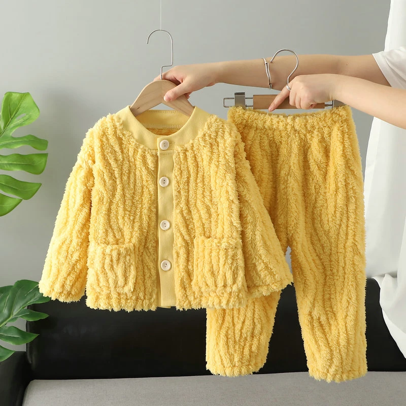 秋冬季儿童法兰绒睡衣加厚加绒男童居家服女中大童珊瑚绒睡衣套装