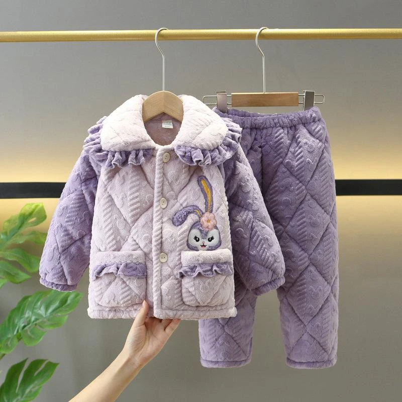 新冬款公主风女童睡衣三层加厚夹棉套装儿童中大童冬季卡通家居服