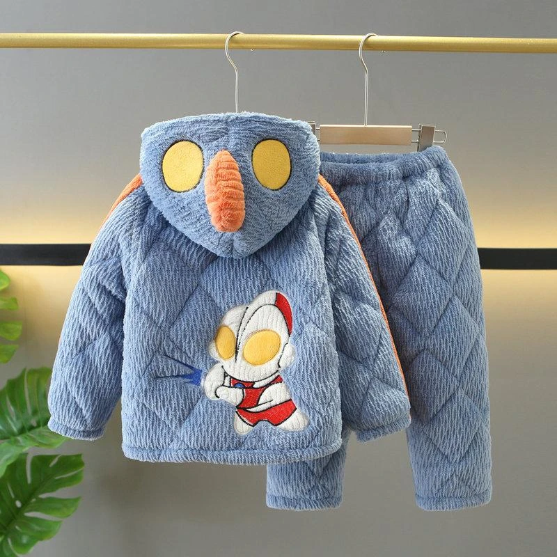 冬款儿童睡衣法兰绒加厚夹棉男童套装男宝小中大童保暖家居服带帽