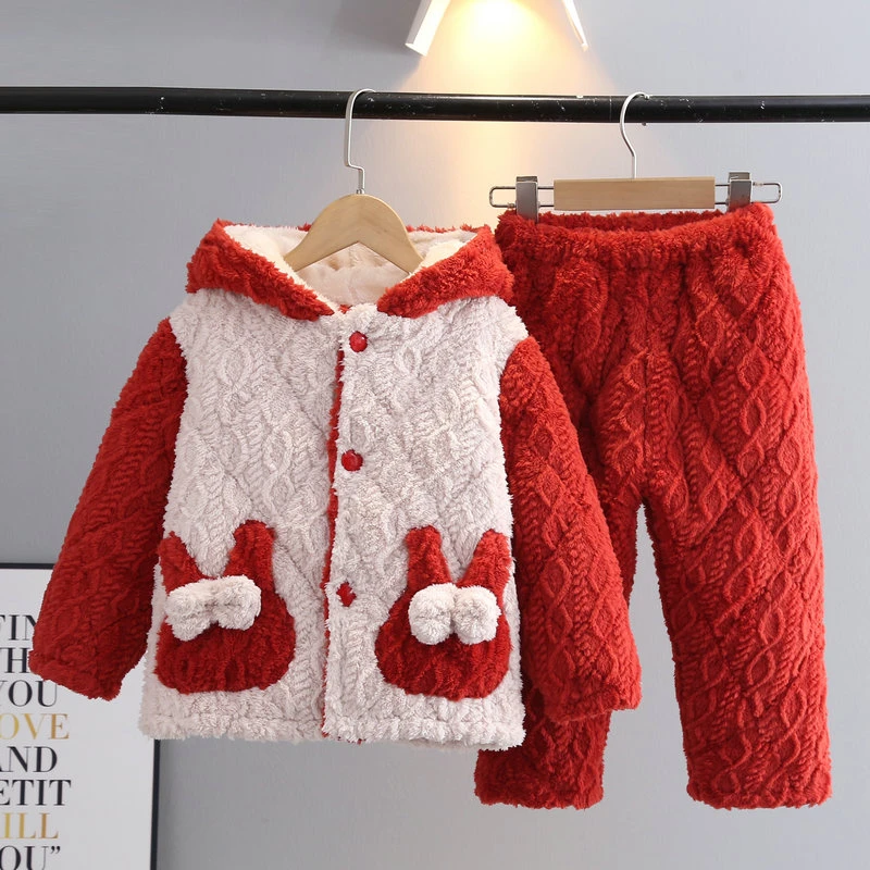 儿童睡衣冬季三层加厚夹棉带帽子女童宝宝中小童法兰绒家居服套装