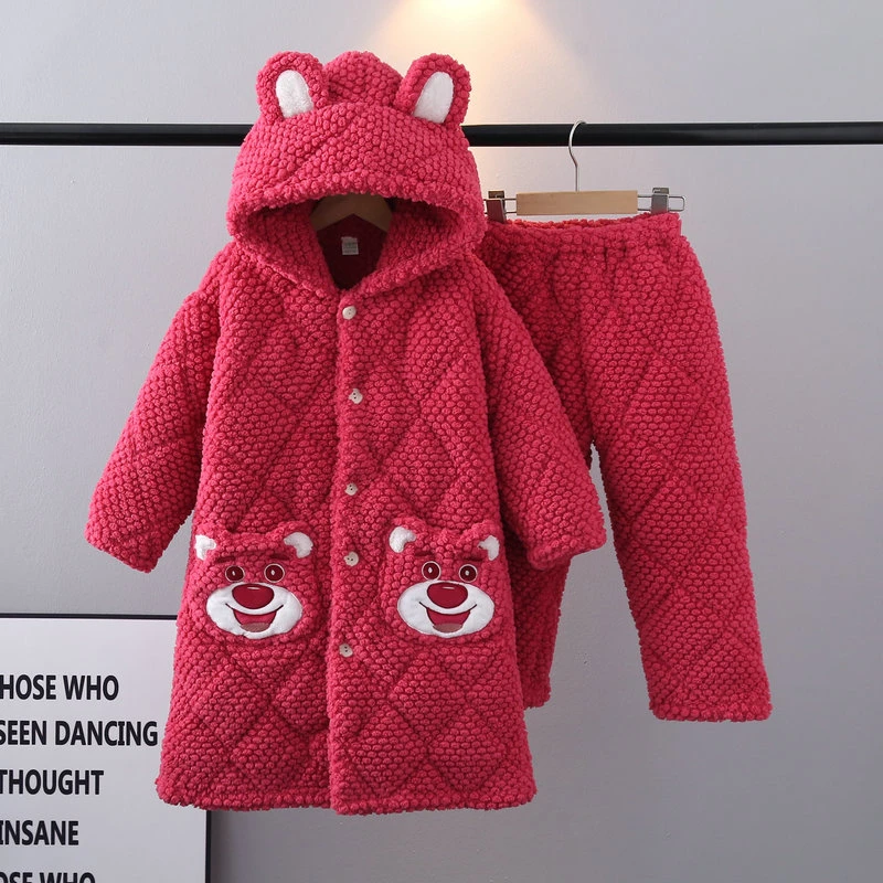 冬季儿童睡衣法兰绒加厚夹棉睡袍套装中大童亲子装长款保暖家居服