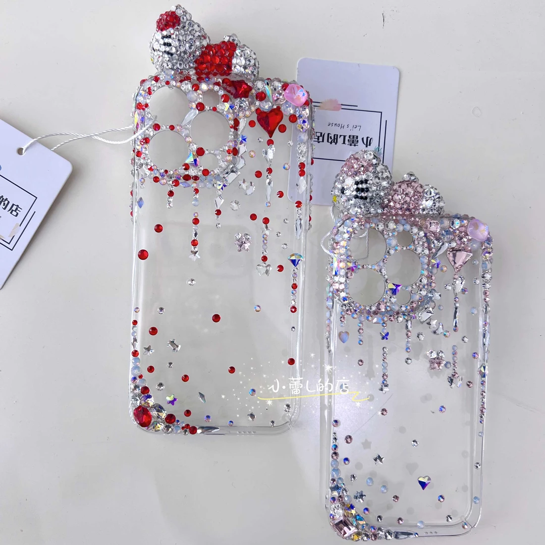 趴趴kt蜜桃粉流水贴钻不发黄手机壳适用14华为适用15苹果16Promax