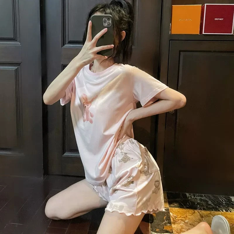艾唯绅睡衣女夏短袖短裤日系兔子狮子印花大码女士家居服可外穿