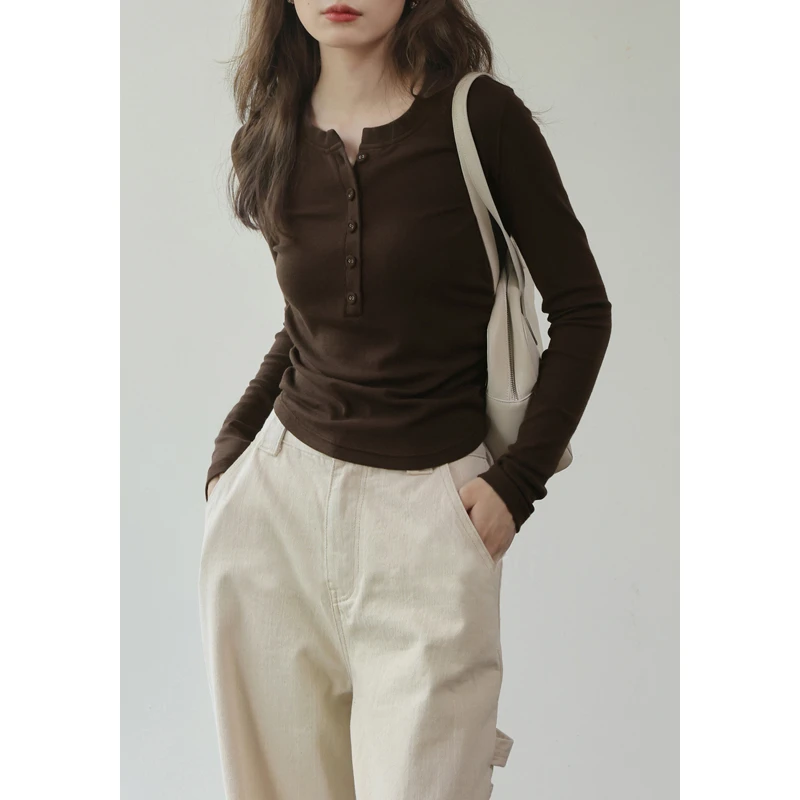 美拉德风长袖毛针织衫棕色打底T恤女显瘦新款内搭秋冬设计感上衣