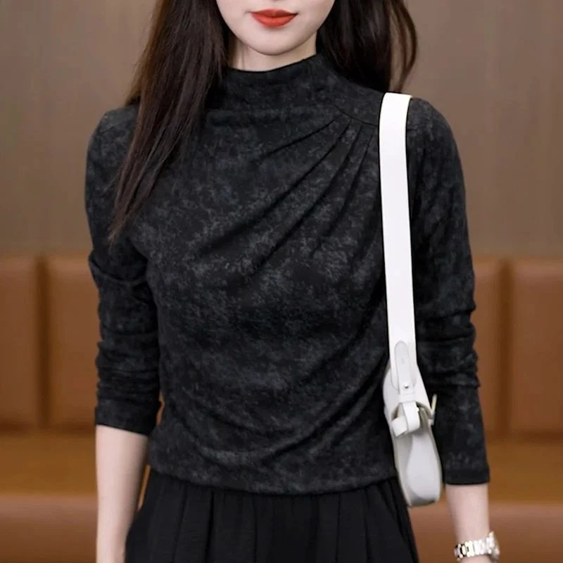 扎染印花半高领双面德绒保暖T恤打底衫女秋冬季修身显瘦大码上衣