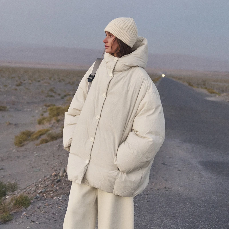半圆超轻保暖尼龙[文艺]2025茧型连帽中长羽绒服女D24401628