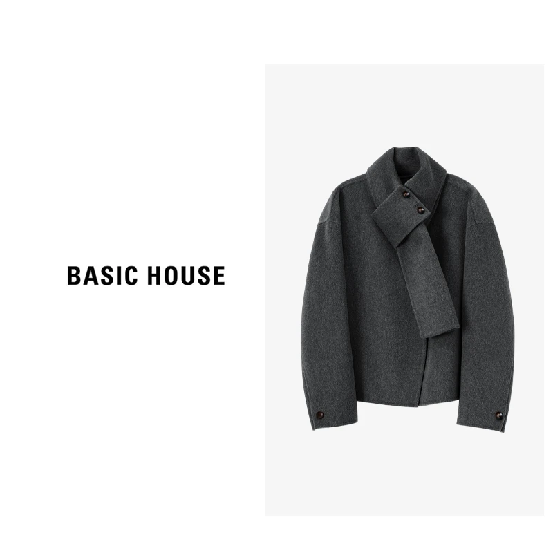 Basic House/百家好2025灰色大衣羊毛毛呢外套韩版大衣大衣穿搭