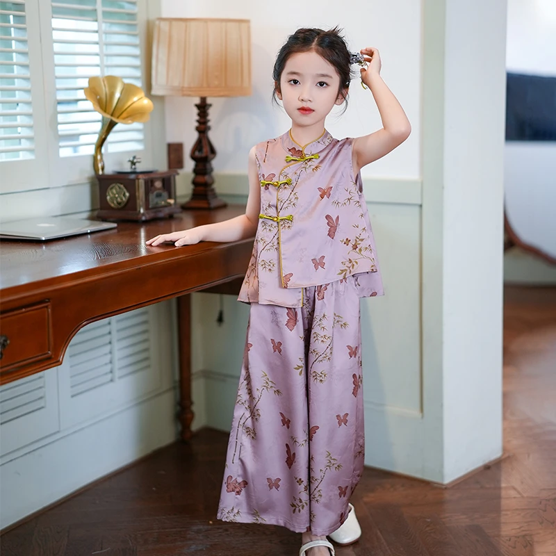 女童古风夏款2024新款新中式立领盘扣无袖汉服阔腿裤国风两件套