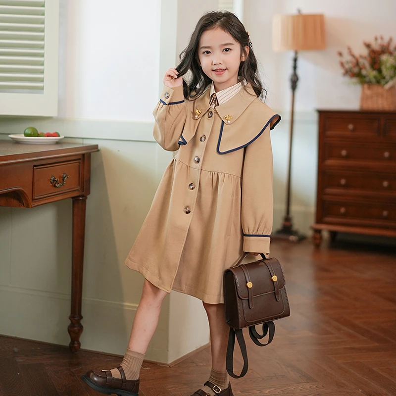 小女孩时髦风衣英伦风2025秋季新款女童装洋气翻领中长款大衣外套