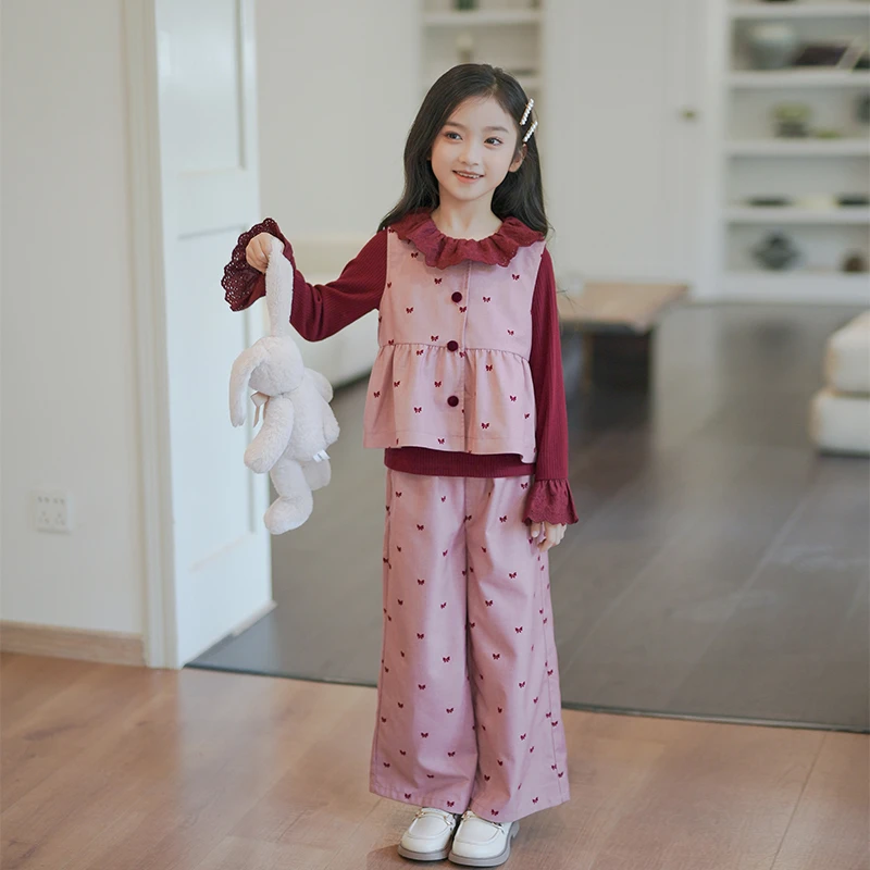 53586女童2025早春新品裤子套装格纹三件套时尚设计感中大童穿搭