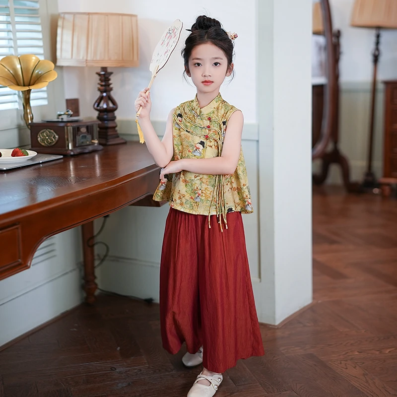 女童套装夏季2025新款儿童复古国风时尚无袖上衣洋气新中式两件套