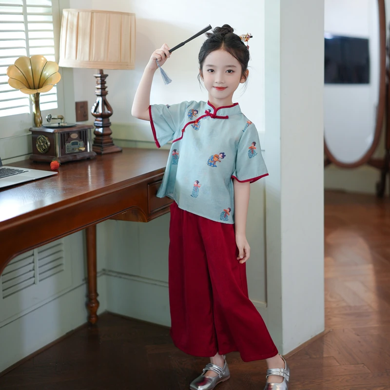 53542【赤锦书】女童套装2025夏季新款新中式儿童装唐装表演服古装