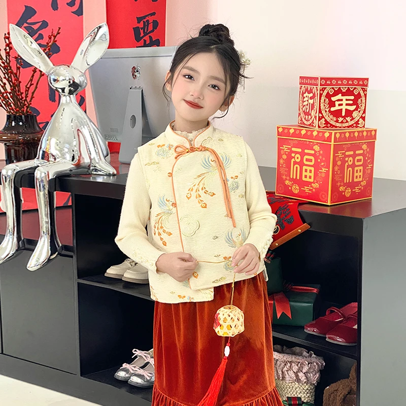 国风女童马甲汉服背心冬装2025新款古风小女孩过年衣服裙子打底衫