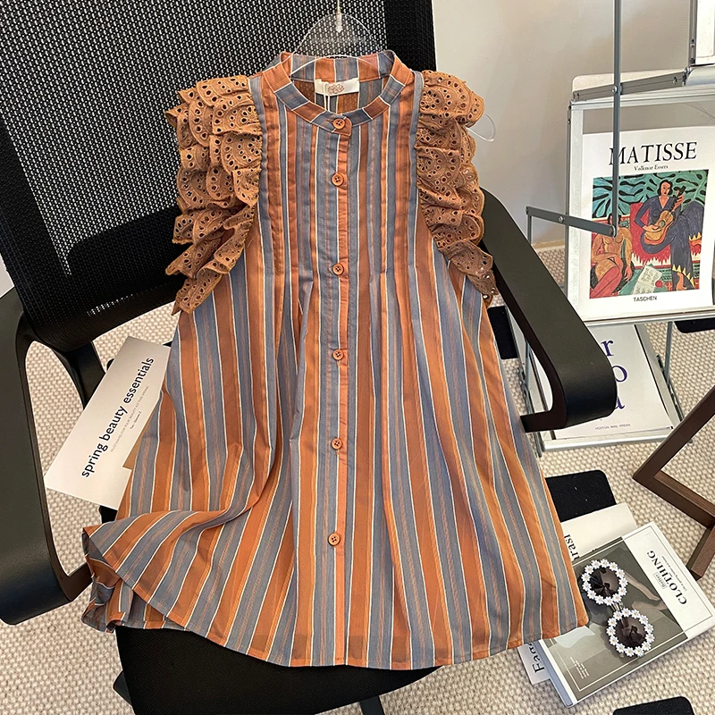 553213夏季2025新款宝宝连衣裙女孩夏天条纹短袖洋气时髦衬衫裙子