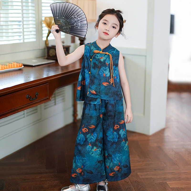 新中式女童套装2025新款夏汉服复古中国风碎花无袖上衣宽松阔腿裤