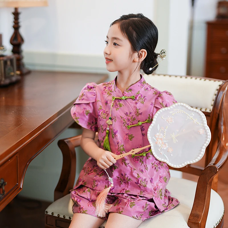 新中式女童夏季套装2024新款复古碎花斜襟盘扣国风汉服儿童两件套