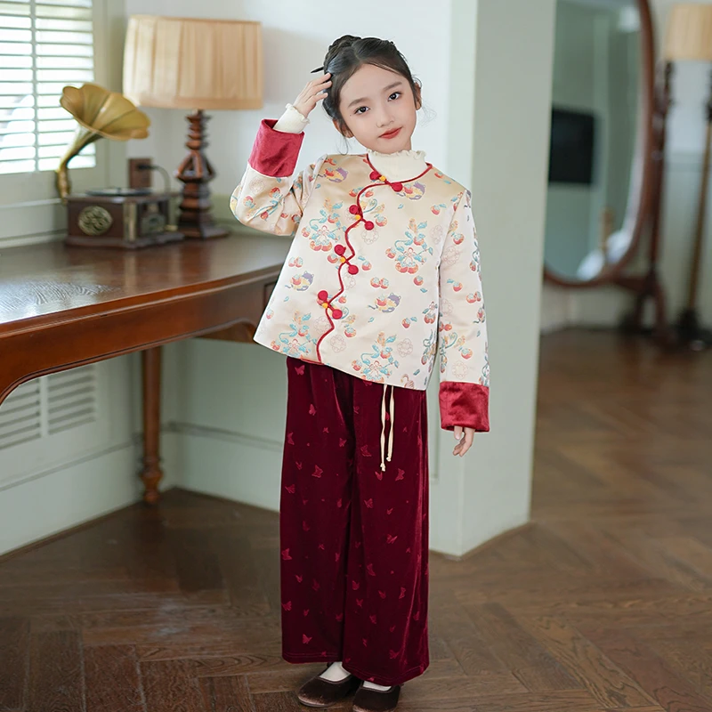 女童套装宝宝周岁礼服唐装新中式2024秋冬新款儿童国风汉服拜年服