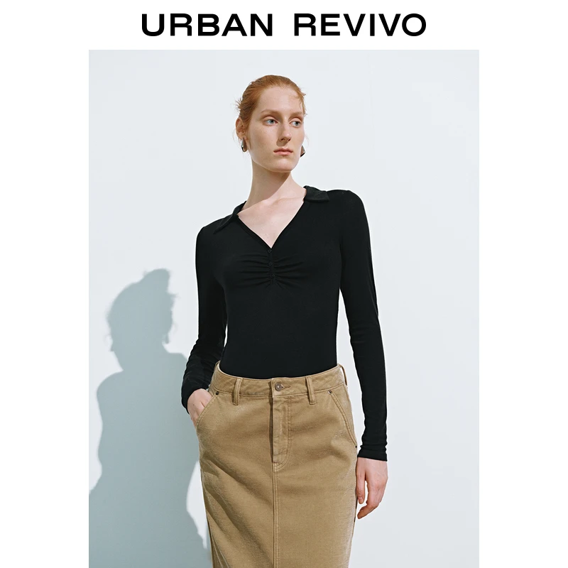 UR女装时髦雅丹风修身显瘦褶皱长袖T恤UWM440033