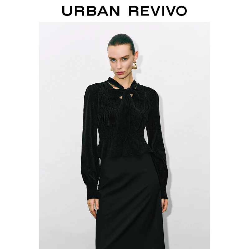 UR2024秋冬新款女装轻熟气质飘带缩褶收腰针织衫UWG940260+