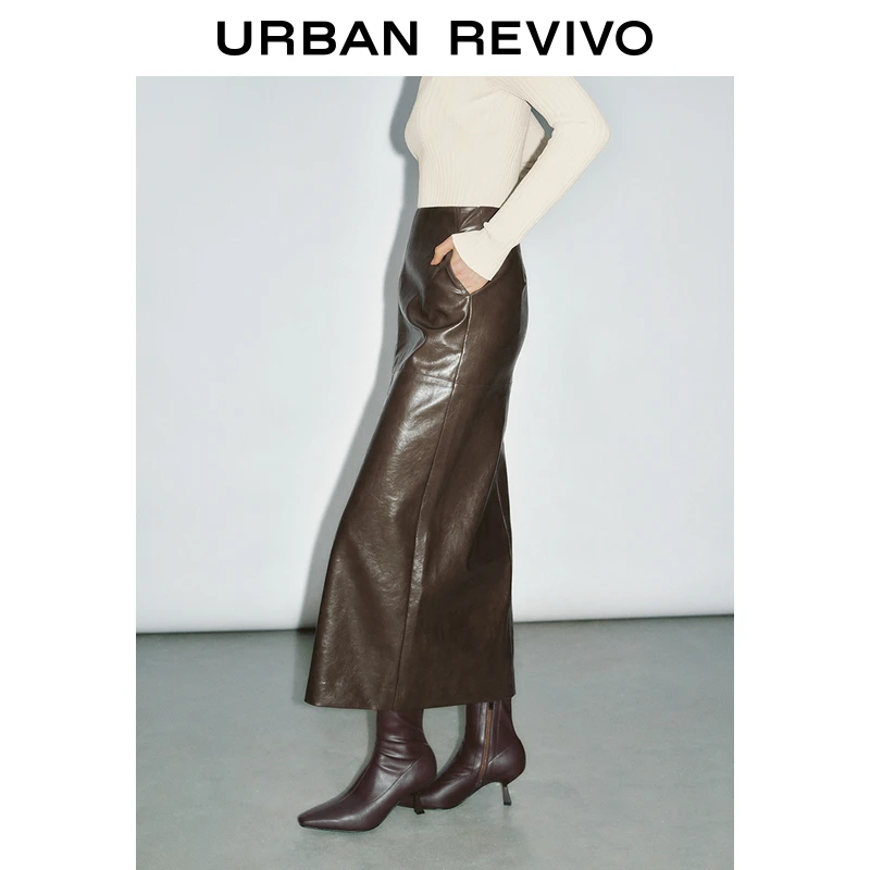 UR2024秋季新款女装摩登复古美拉德开衩皮裙半裙UWG540082