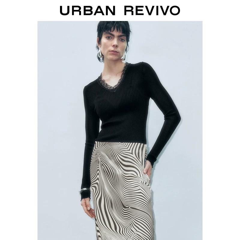 UR2024冬季新款女装轻熟风气质蕾丝V领针织衫UWG940384