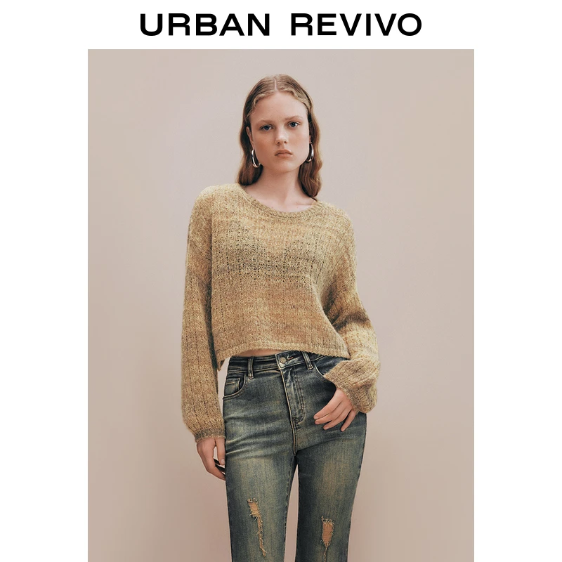 UR2024秋冬新款女雅丹风慵懒风撞色条纹长袖针织衫UYL940023