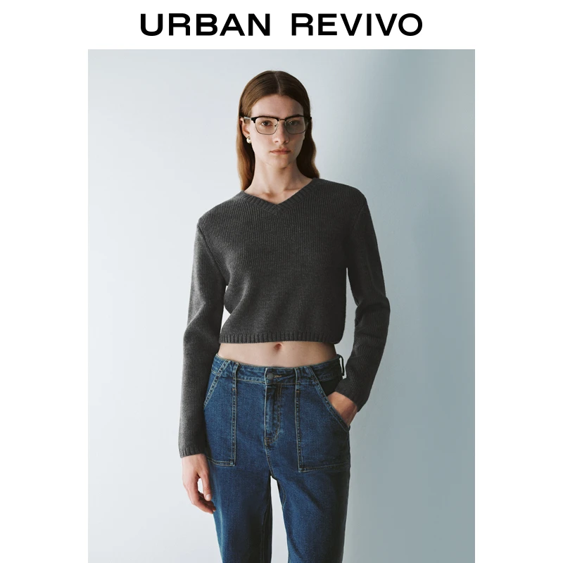 UR2024秋冬新款女装时尚气质百搭短款V领长袖针织衫UYU940025