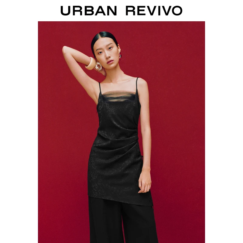 UR2024秋季新款女装轻熟风暗纹提花抽褶修身连衣裙UWG740223+