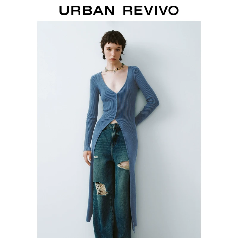 UR2024秋冬新款女装慵懒气质坑条修身长款针织开衫UYL940021