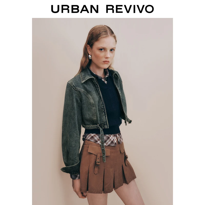 UR2024秋季新款女装复古辣妹做旧短款长袖牛仔衬衫UYV840003