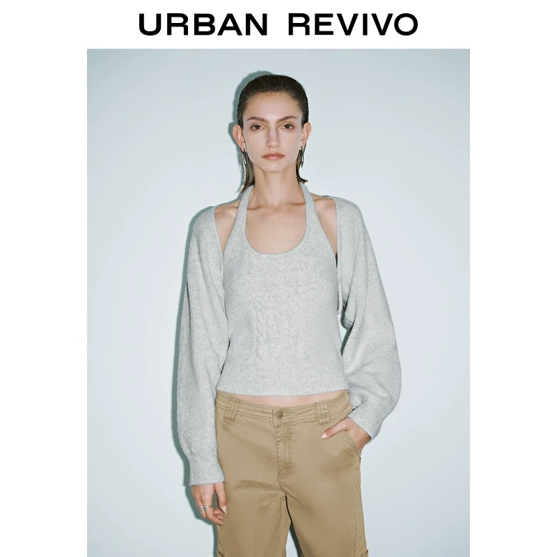 UR2024冬季新款女装气质挂脖设计感两件式针织衫UYV940023