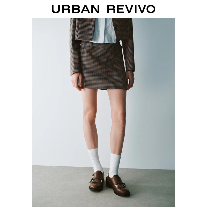 UR2024秋冬新款女复古英伦学院风撞色格纹短款半裙UYU540018