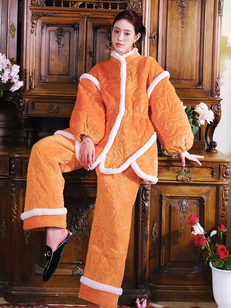 AN原创冬日暖阳松紧收腰三层夹棉加厚两件套加棉家居服套装