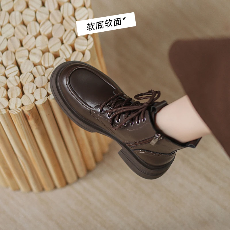 真皮马丁靴女棕色2024新款英伦风小个子厚底短靴秋冬季靴子加绒