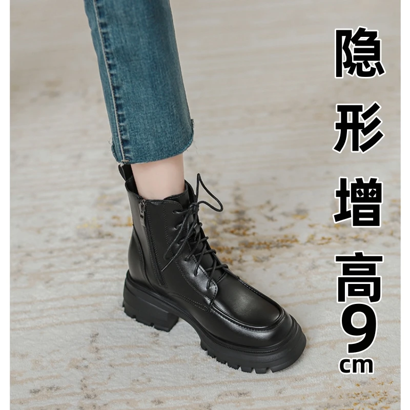9cm马丁靴女2023年新款冬季加绒小个子网红爆款内增高厚底短靴子
